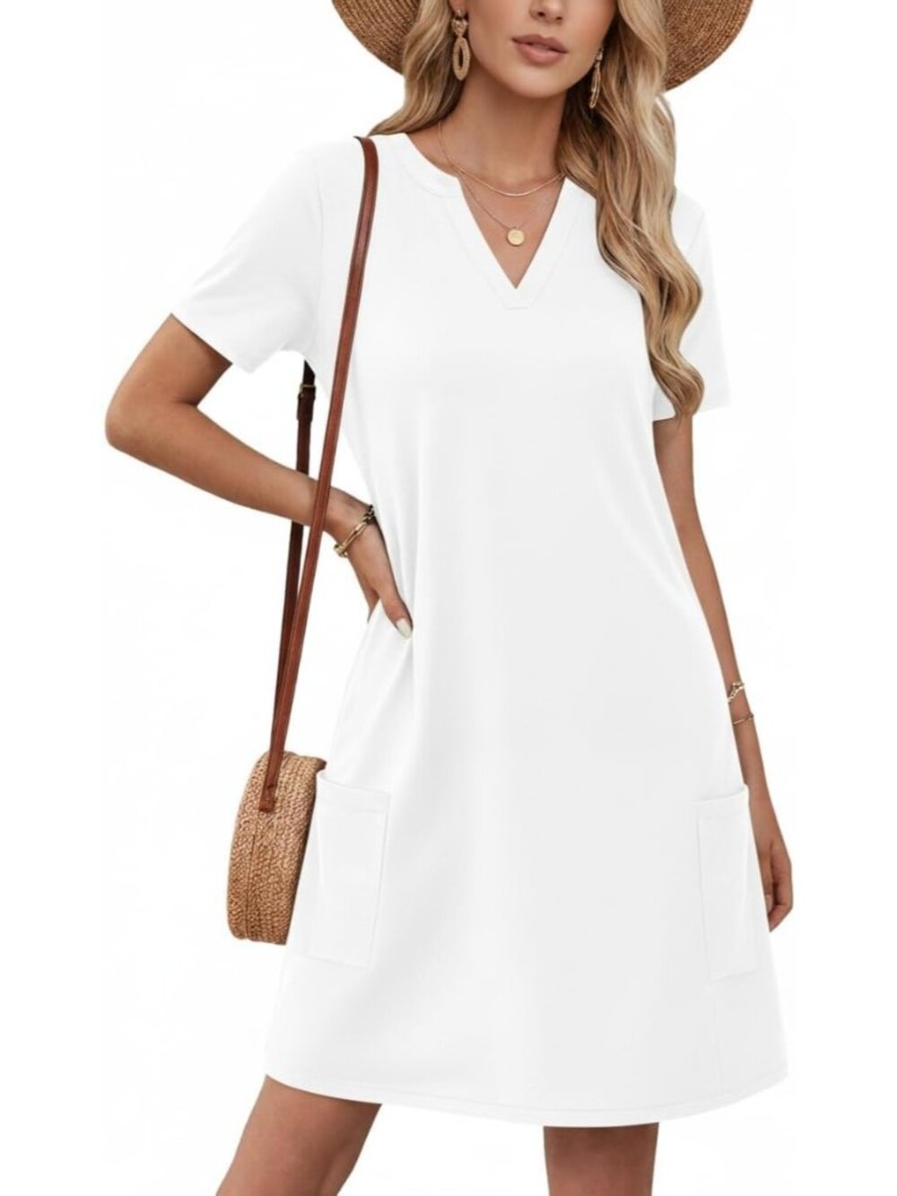 Women's White Resort Short Sleeve Casual Fashion Beach Dresses with Pockets